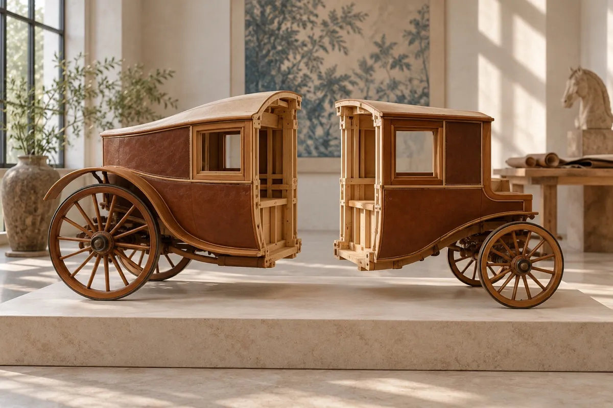 AI-generated contextual illustration: Two half-carriage models have open cut ends, unequal wheel sizes and different roof curves on a pale stone plinth.