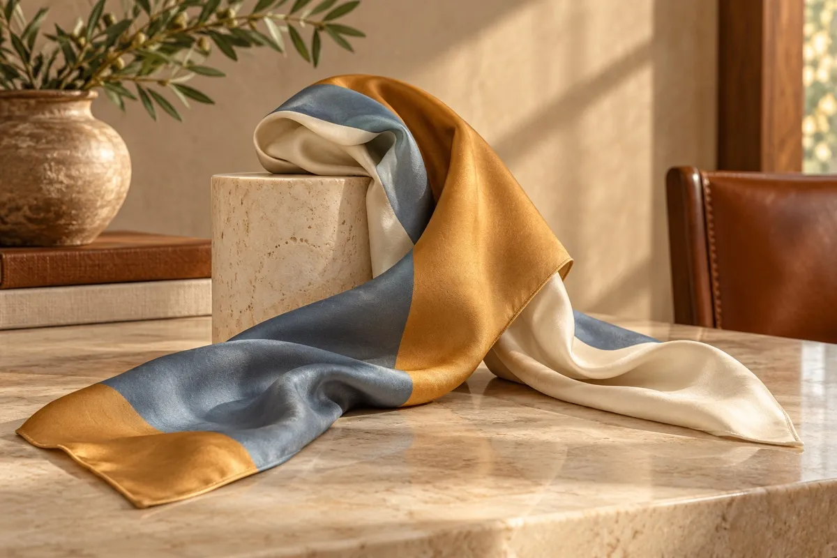 AI-generated contextual illustration: A length of silk folds over a stone cylinder and spreads onto a pale tabletop, showing ochre and blue-grey areas beside a cream reverse.