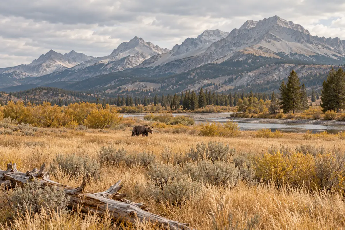 AI-generated contextual illustration: A small brown bear stands in dry golden grass, with a river, dark conifers and pale mountain ridges behind it.