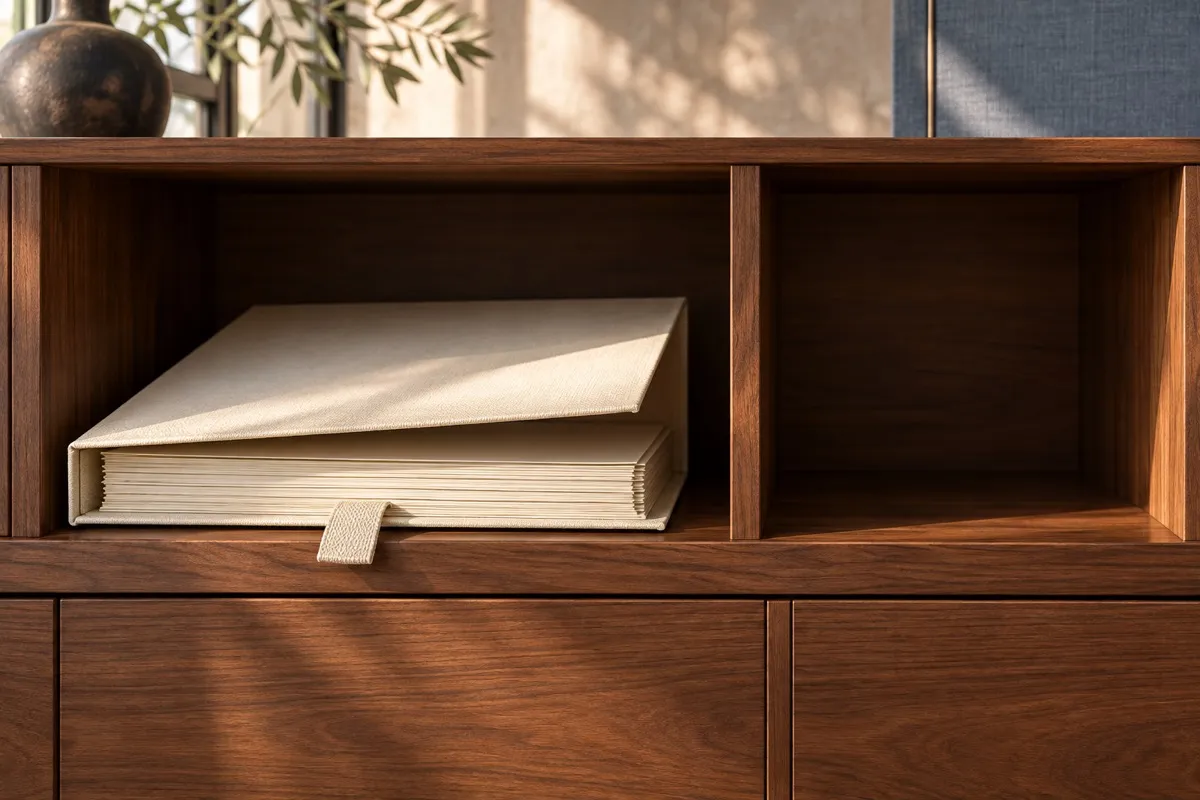 AI-generated contextual illustration: an ivory cloth-covered folder sits partly open around blank paper in a walnut cabinet, beside an empty compartment.