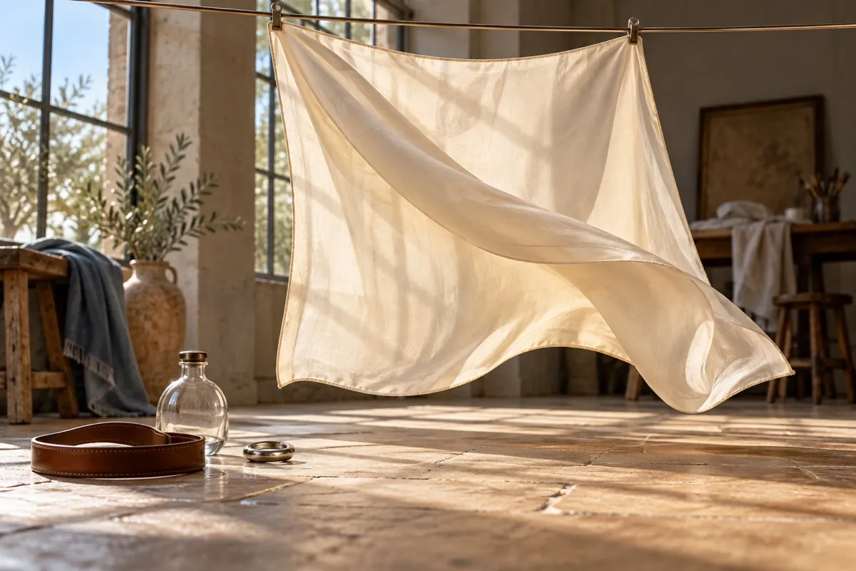 A plain ivory silk square billows from two clips in a sunlit studio above a brown leather loop, an anonymous clear glass flask and a small silver-colored oval ring.