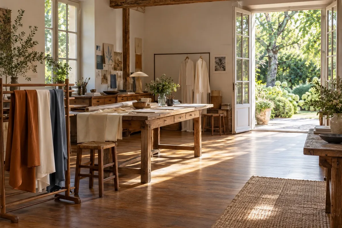 An airy craft studio with ivory walls, warm wooden worktables, cognac, ivory and slate-blue fabric swatches at left, two cream garments at the back and open doors to a leafy garden at right.
