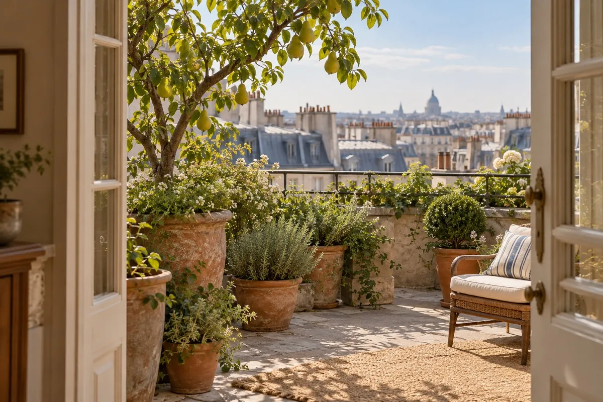 An imagined rooftop terrace seen through open ivory doors, with a pear tree, herbs in terracotta pots, a wicker chair and a composite Parisian skyline.