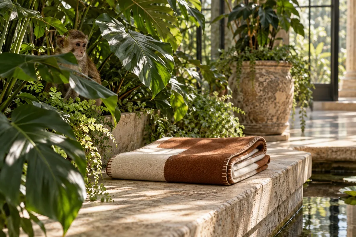 AI-generated contextual illustration: a small monkey peers through broad leaves in a conservatory, with a folded brown-and-ivory blanket on a stone ledge.