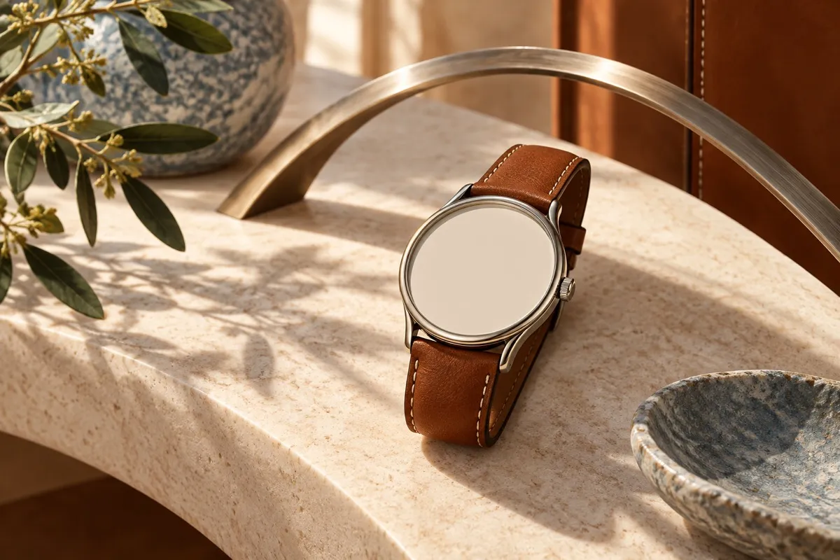 AI-generated contextual illustration: a blank-faced watch with a brown leather strap rests on pale stone beneath a separate brushed-metal arch.