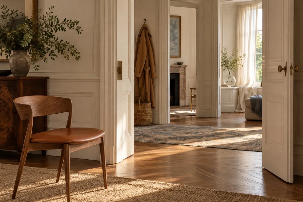 An ivory domestic interior viewed diagonally through open doorways, with a walnut chair and cognac seat in the foreground, a hanging camel coat, a clear vase and a plain light curtain deeper in the rooms.