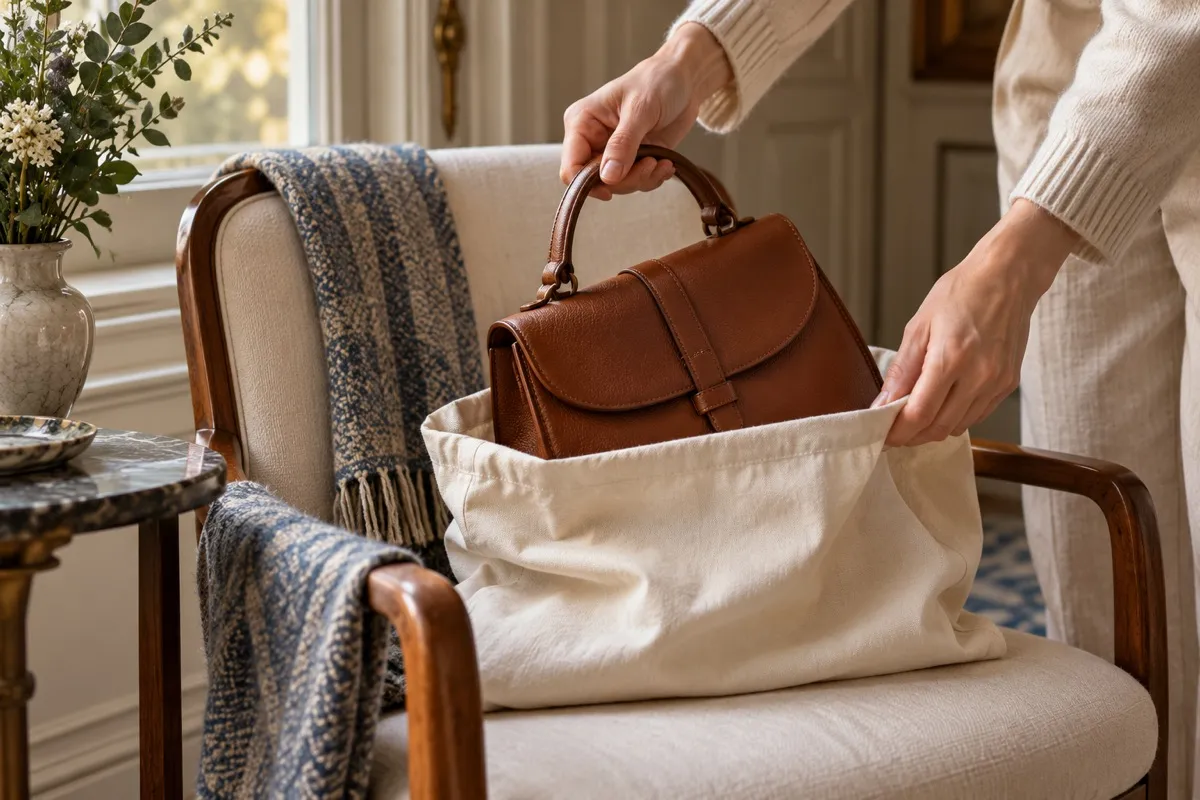 AI-generated contextual illustration: two anonymous hands lower an unbranded brown leather bag into an open ivory cotton dust cover on an upholstered chair.