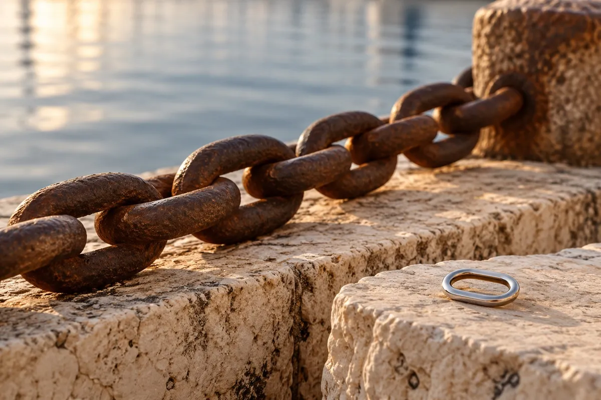 AI-generated contextual illustration: a weathered iron mooring chain runs diagonally across a stone quay, near a small polished oval metal loop on a separate ledge.