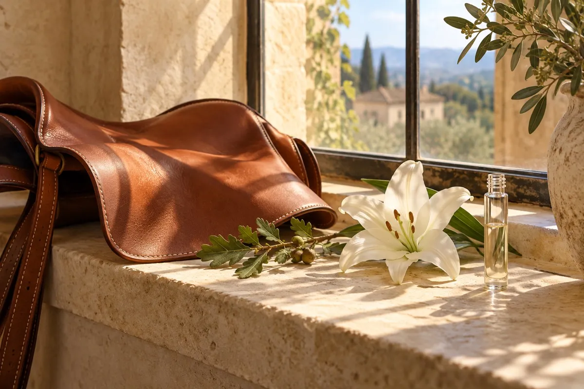 AI-generated contextual illustration: supple brown saddlery leather, an oak twig, a white lily and an unmarked glass vial rest on a sunlit limestone sill.