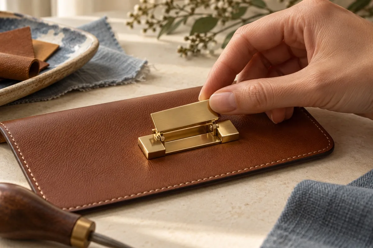 AI-generated contextual illustration: an anonymous hand lifts the plain rectangular plate of a generic metal clasp mounted on a brown leather sample.