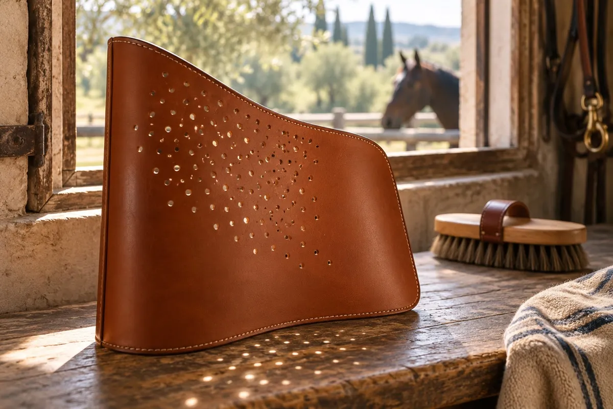 AI-generated contextual illustration: light shines through scattered round holes in a curved brown leather panel beside a grooming brush at a stable window.
