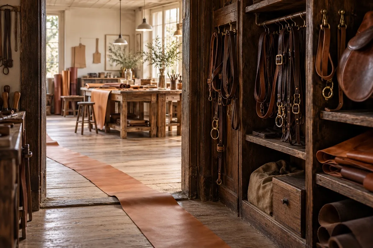 A long cognac leather offcut crosses a worn wooden threshold from dark saddlery storage at right into a bright leatherworking studio.
