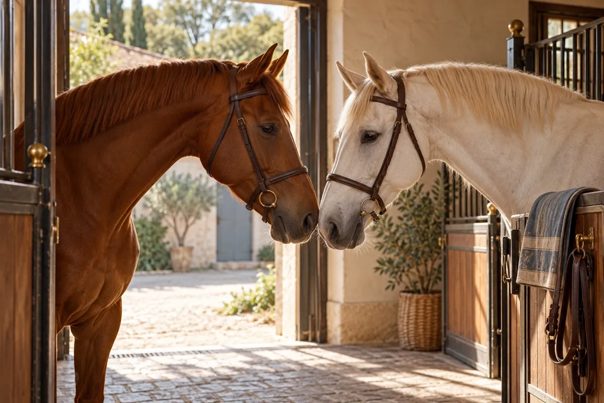 AI-generated contextual illustration: chestnut and cream horses in simple brown bridles touch noses across a stable doorway.
