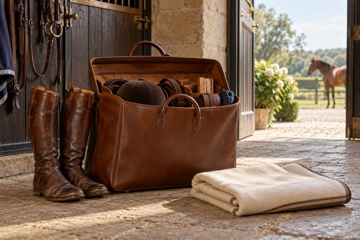 AI-generated contextual illustration: an open tall generic leather equipment carrier beside riding boots and a folded plain saddle blanket in a stable packing alcove.