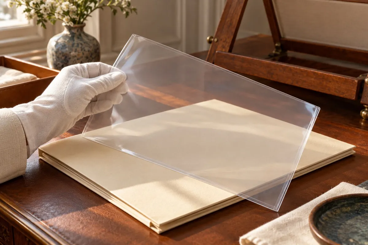 AI-generated contextual illustration: a white-gloved hand holds an empty clear sleeve over blank ivory folders on a warm wooden desk.
