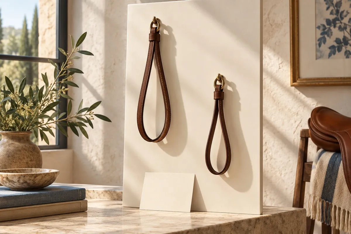 AI-generated contextual illustration: two brown leather loops on an ivory display panel above a blank cream card, lit from a window.