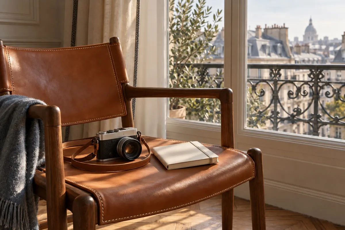 AI-generated contextual illustration of an unmarked analogue camera and a closed ivory pocket notebook on a cognac leather chair beside a bright Parisian-style window.