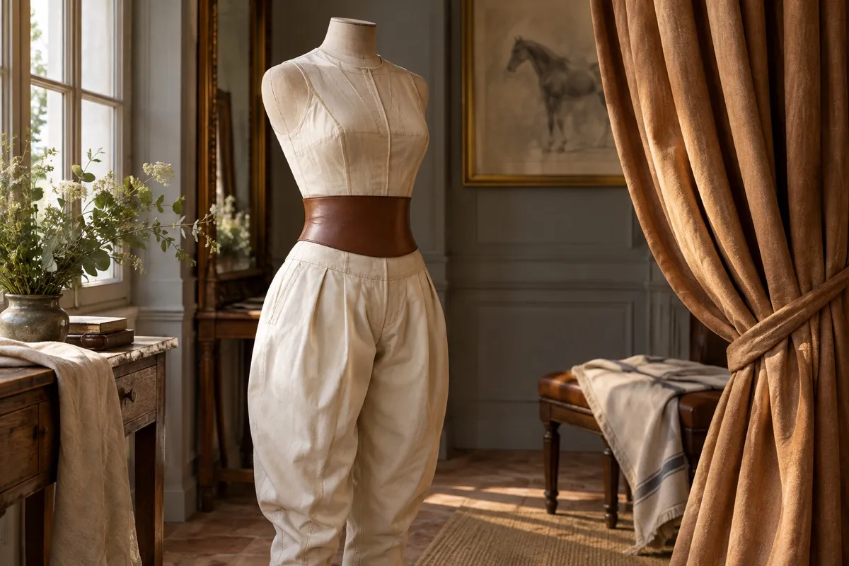 AI-generated contextual illustration: an original cream torso toile with a plain brown waist structure above soft riding-inspired trousers, on a headless form beside an open theatre curtain.