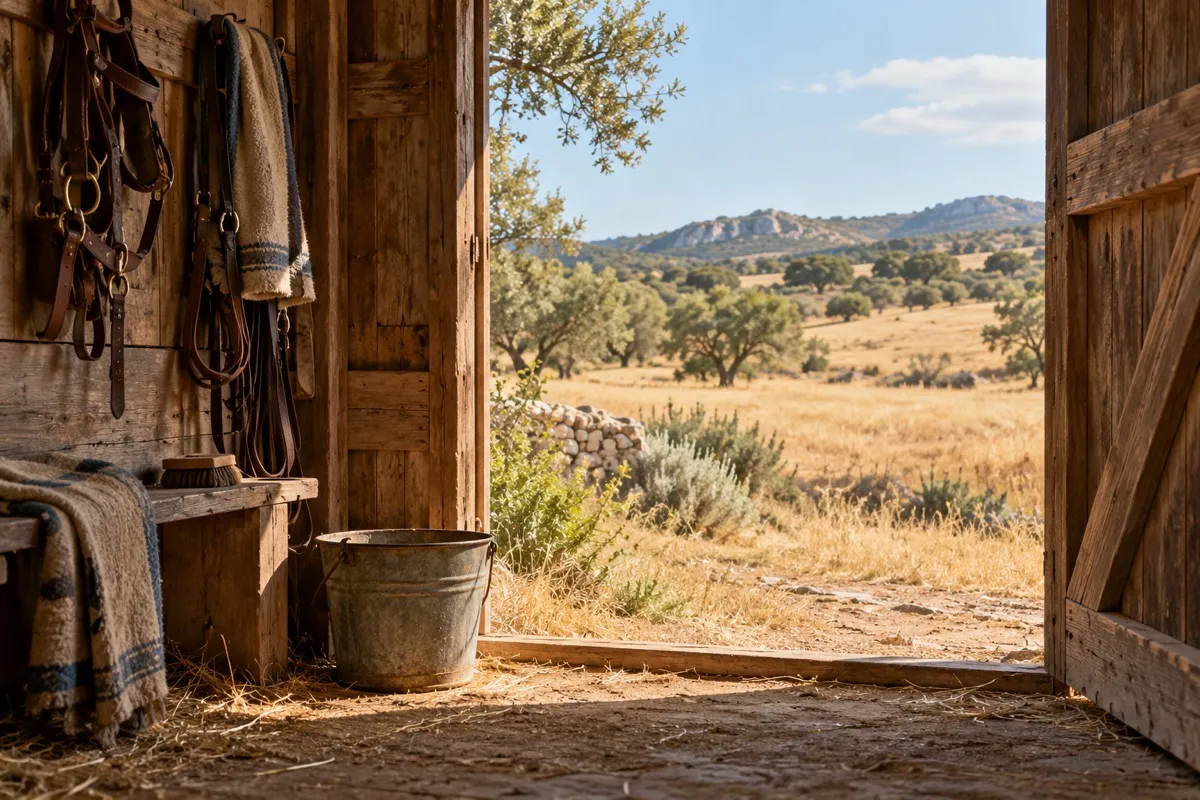 AI-generated contextual illustration: an open timber shed with a metal pail at the threshold and a sunlit dry landscape beyond.
