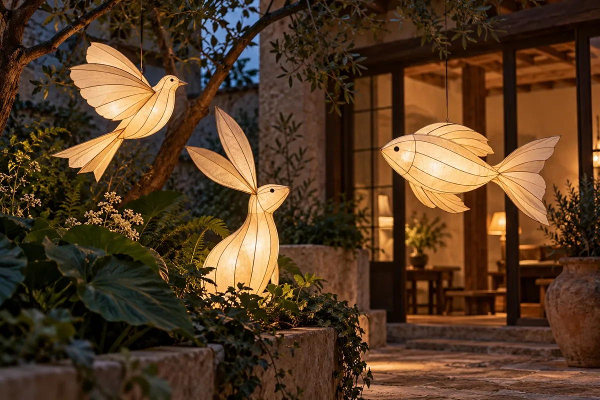 AI-generated contextual illustration: glowing ivory bird, rabbit and fish lanterns among broad leaves in a stone courtyard at dusk.