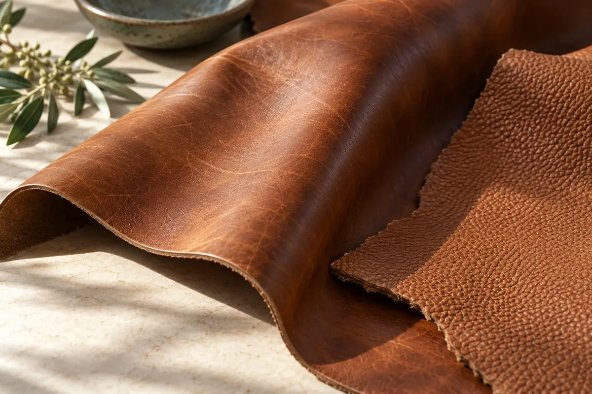 AI-generated contextual illustration: a smooth cognac leather fold and a pebbled brown offcut on pale stone in side light.