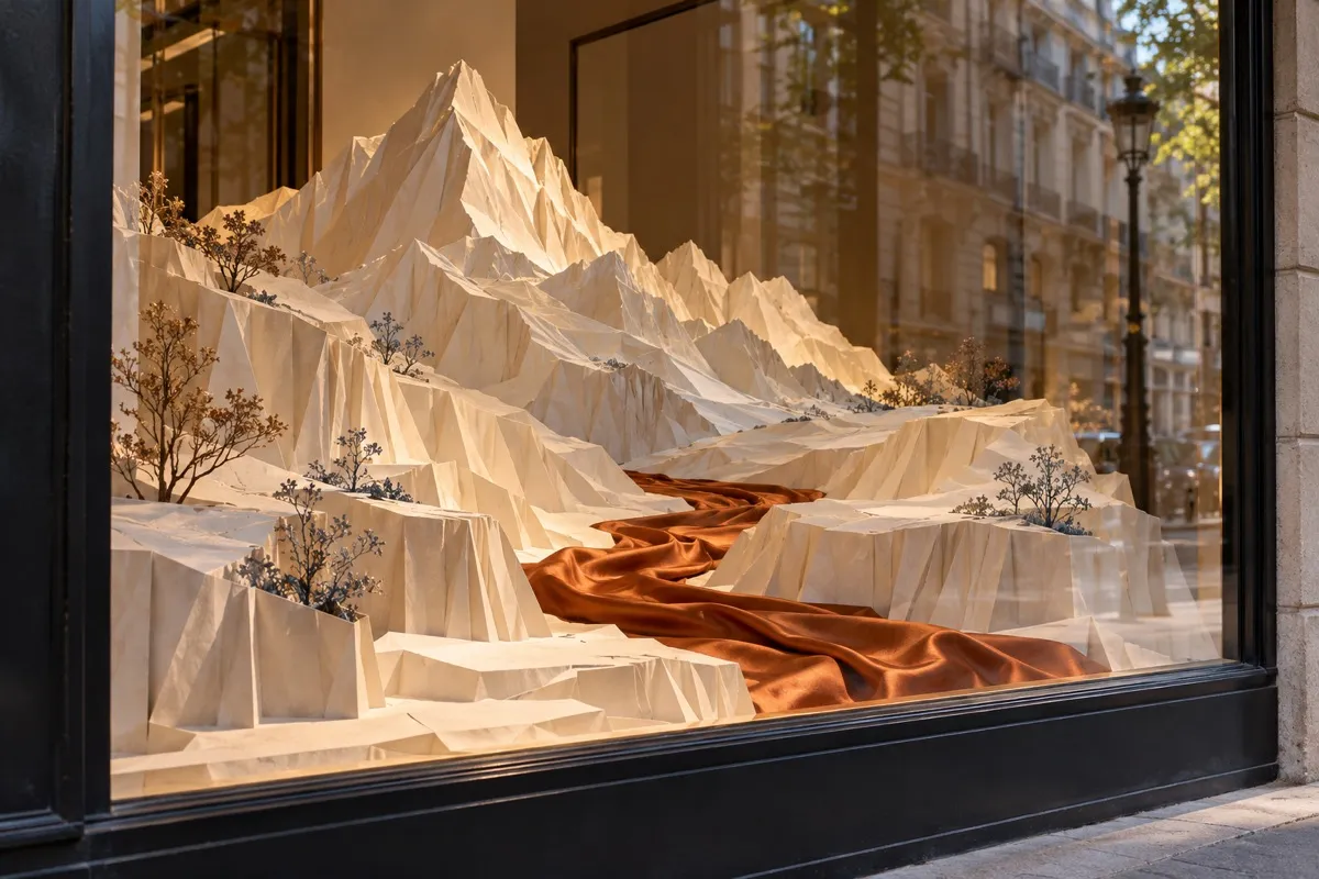 AI-generated contextual illustration: a theatrical display window contains an original folded-paper mountain and a flowing plain silk river, with street reflections across the glass.