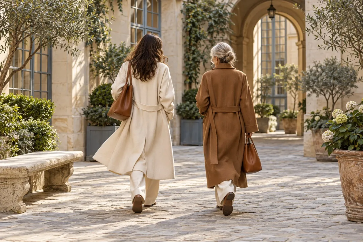 AI-generated contextual illustration: two anonymous adult women of different ages, seen from behind, walk through a pale courtyard in relaxed cream and camel outerwear.