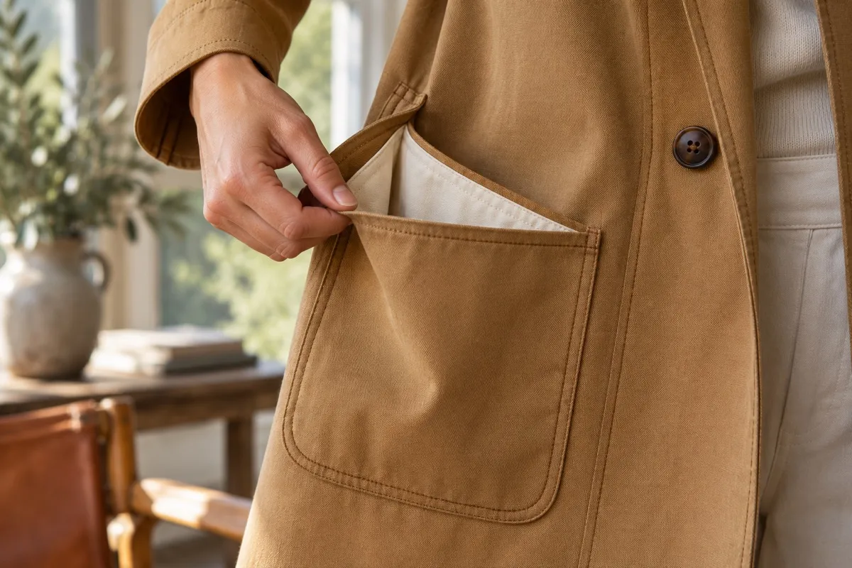 AI-generated contextual illustration: close view of an anonymous hand opening a generous coat pocket, showing clean interior finishing and contrast stitching.