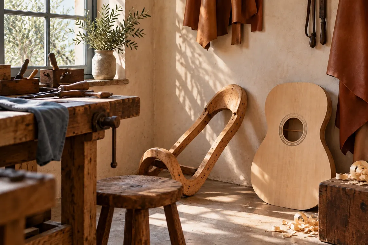 AI-generated contextual illustration: an open curved wooden frame beside a pale unfinished guitar body in a warm woodworking corner.