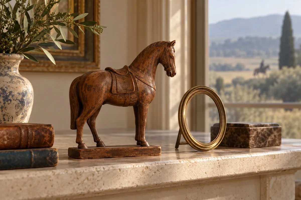 AI-generated contextual illustration: a carved wooden horse beside an empty oval brass frame on a stone shelf, with a blurred rider through the window.