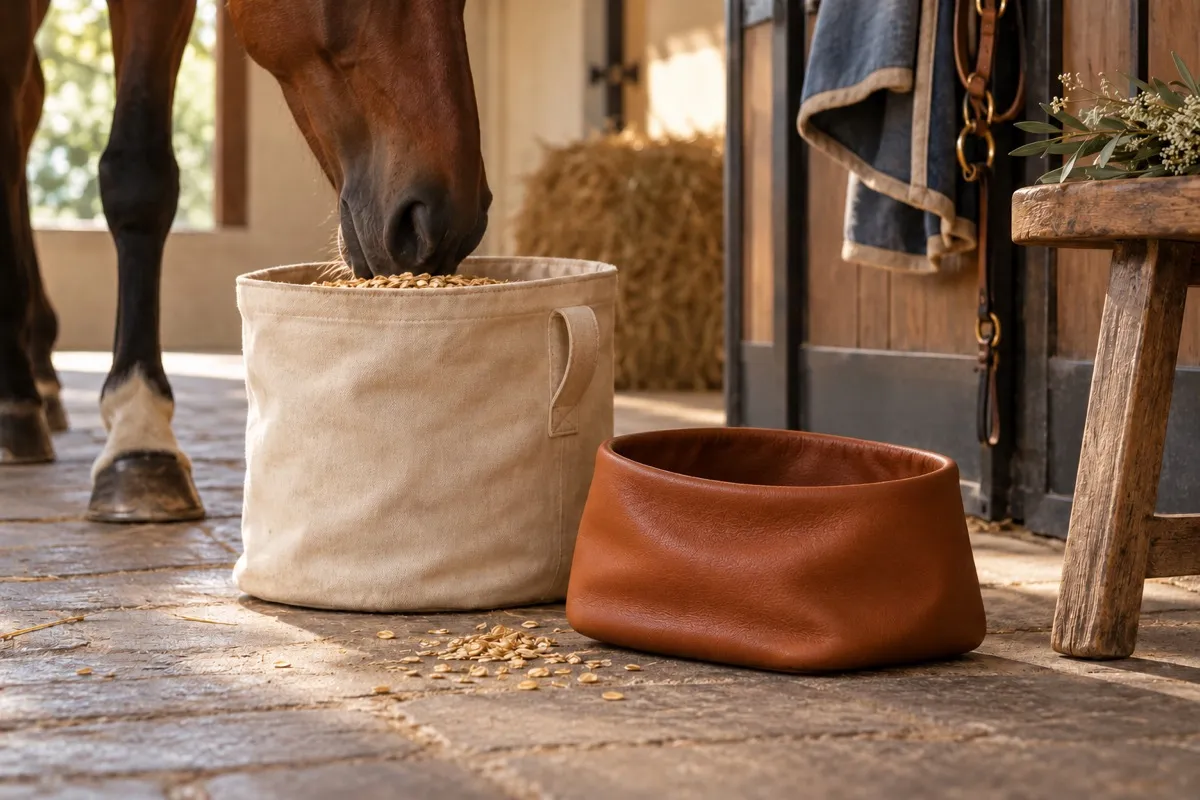 AI-generated contextual illustration: a horse eats from an ivory canvas feed bucket beside a low handleless leather pouch on a stone stable floor.