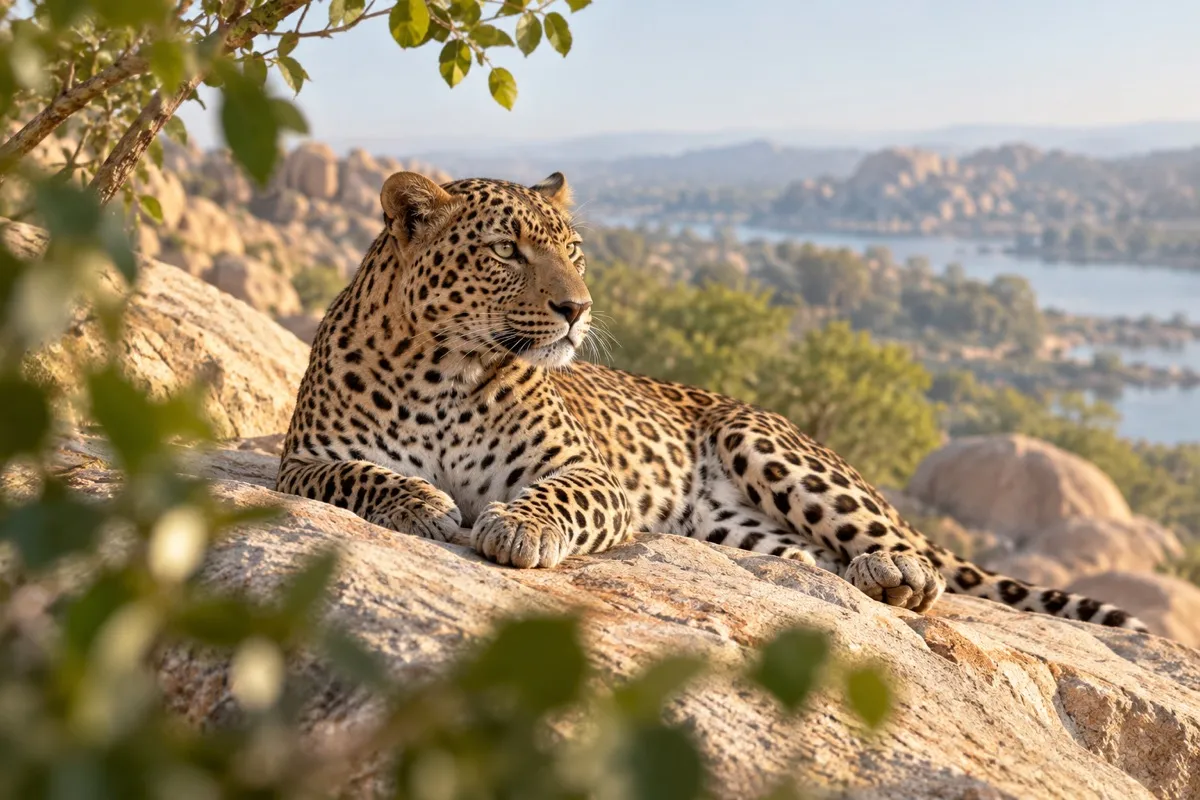 AI-generated contextual illustration: an alert resting leopard on warm pale rocks, with blurred leaves in front and distant water and trees.