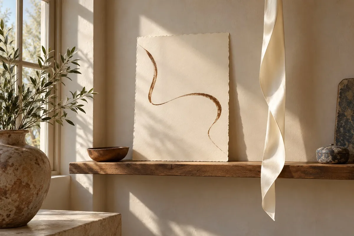 AI-generated contextual illustration: a cream sheet with one flowing brown ink stroke on a wooden shelf beside a plain hanging ivory silk ribbon.