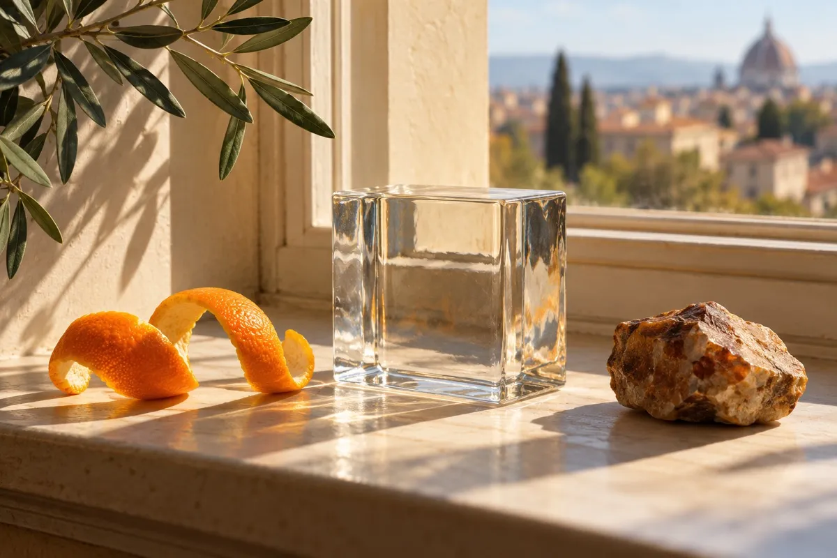 AI-generated contextual illustration: a rectangular clear glass block between a curling orange peel and a rough brown stone on a pale window ledge.