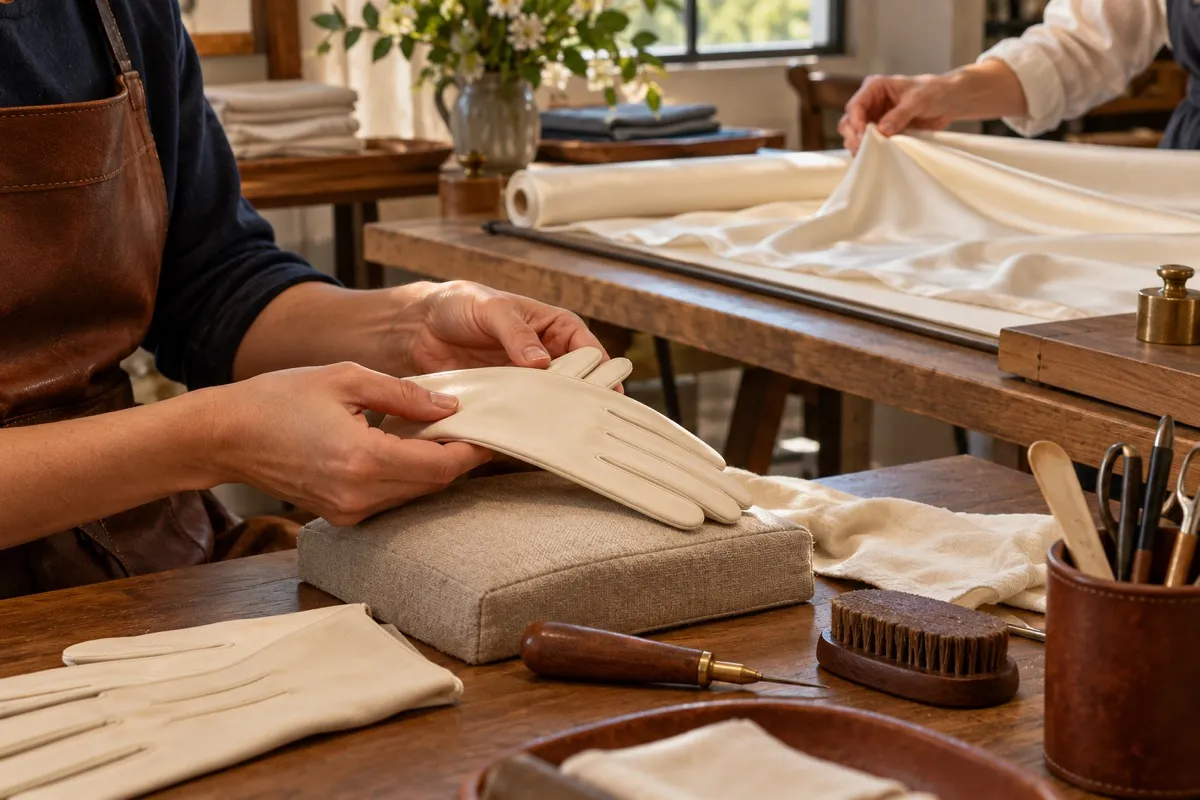 Anonymous hands shape cream gloves at a wooden workbench while another worker lifts ivory silk at a separate station behind.