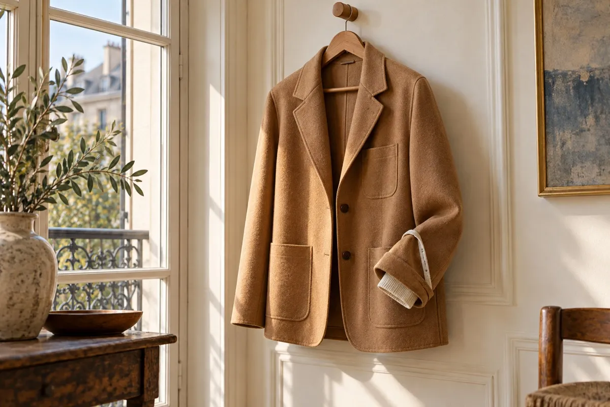 AI-generated contextual illustration: a softly structured unbranded jacket hangs beside a window, with one cuff turned back to reveal a different textile texture.