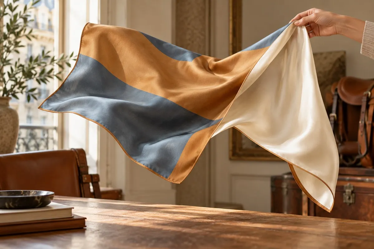 An anonymous hand turns a flowing silk sheet to reveal ochre and blue-grey color blocks and a plain ivory reverse.