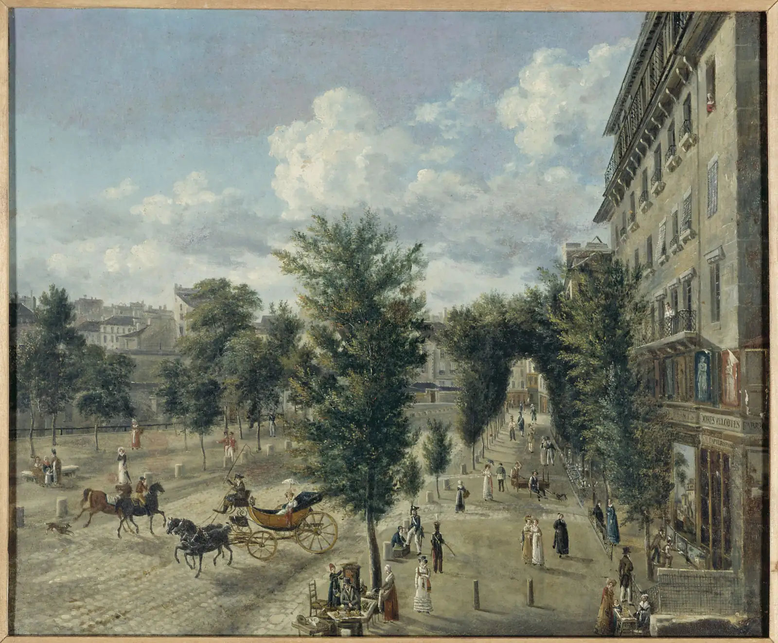 Painting of a tree-lined Paris boulevard, with riders and a horse-drawn carriage in the foreground and pedestrians beside shops on the right.