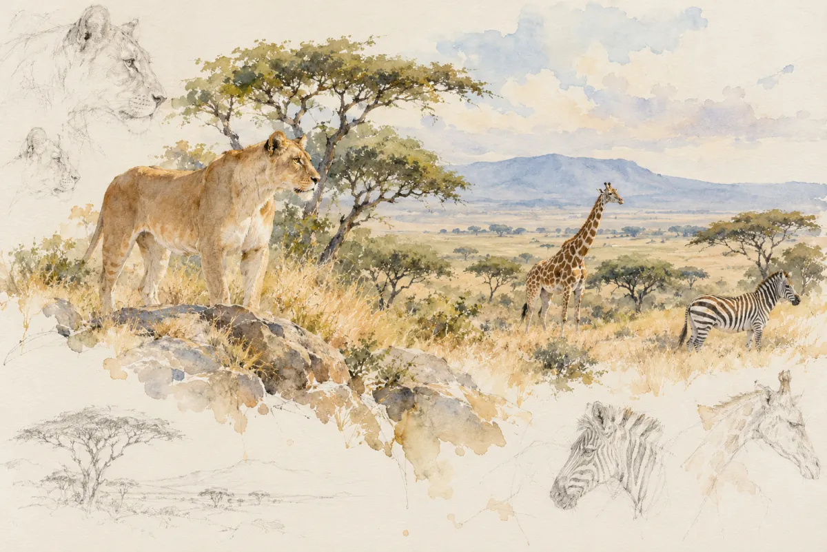 An original AI-generated watercolor evokes the theme of “Africa” without reproducing its scarf design.