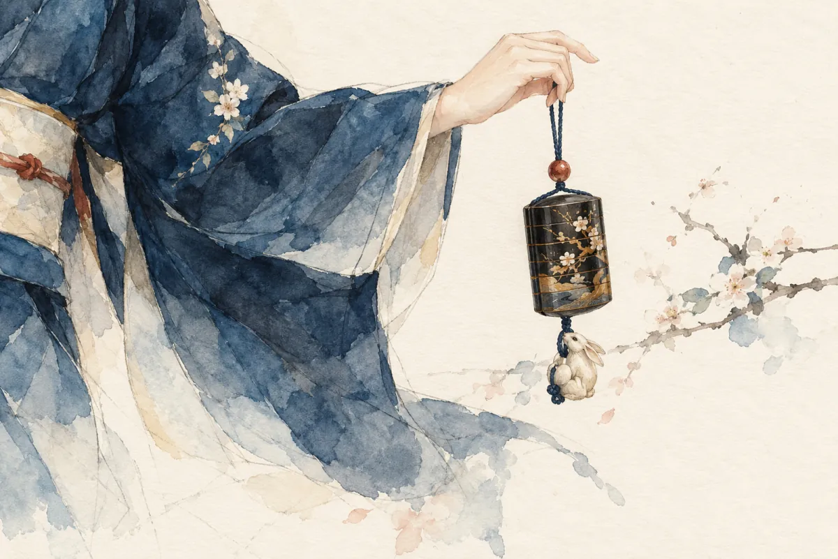 An AI-generated watercolor evokes the thematic world of “Kimonos et inros” without reproducing a scarf design.