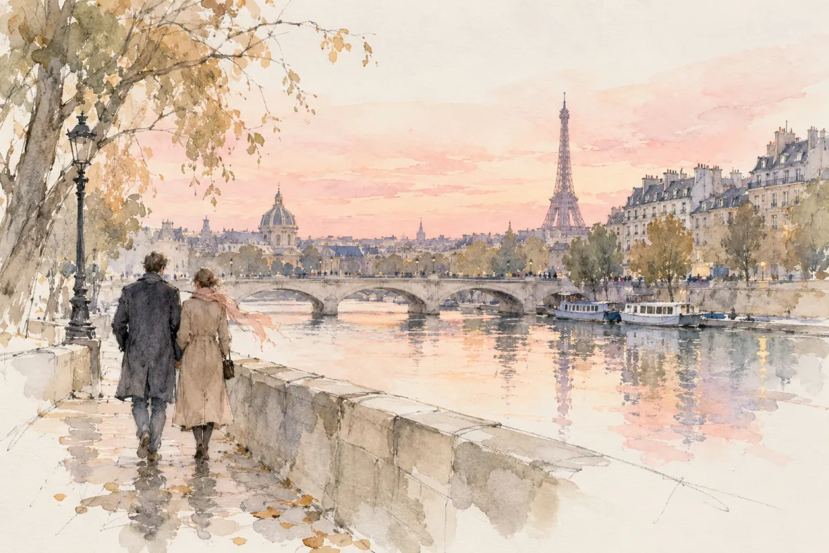 An AI-generated watercolor evokes the thematic world of “Les nouveaux amoureux de paris” without reproducing a scarf design.