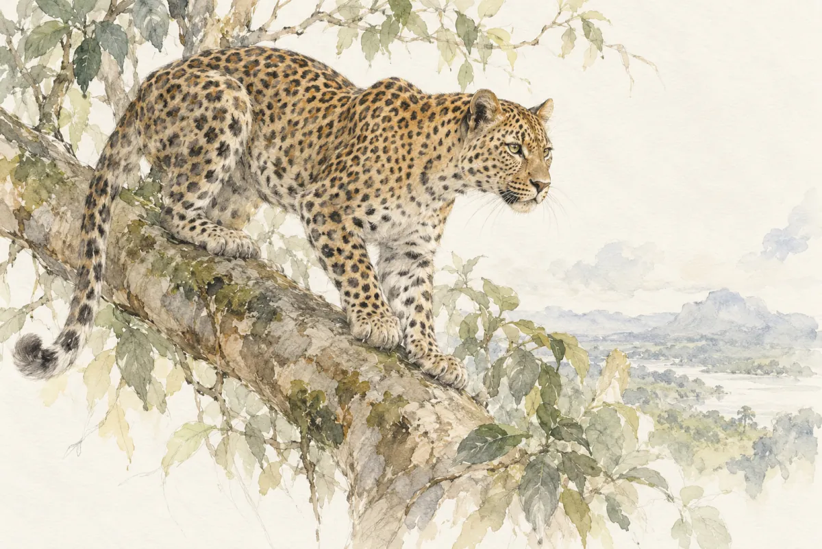 An AI-generated watercolor evokes the thematic world of “Panthera pardus” without reproducing a scarf design.