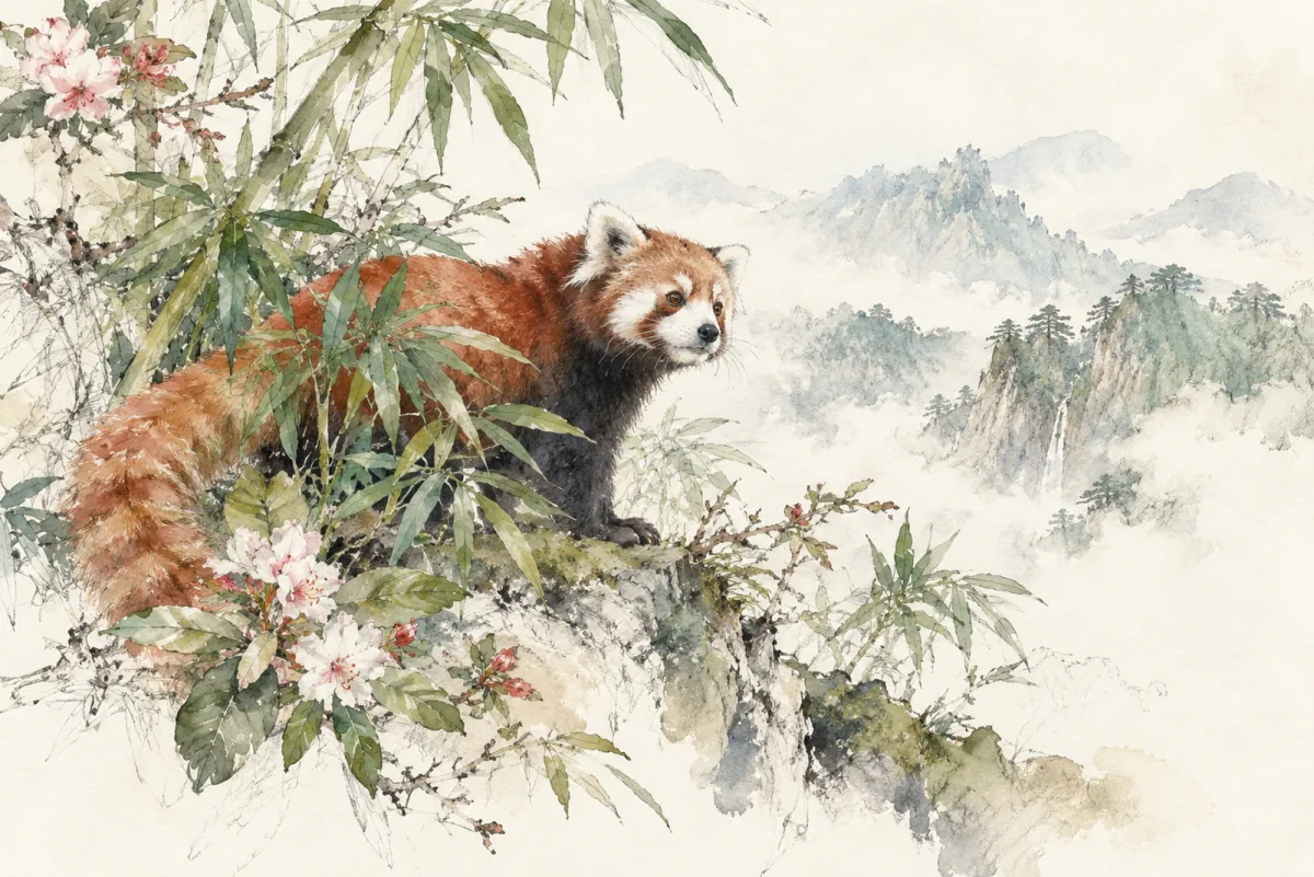 An AI-generated watercolor evokes the thematic world of “Sichuan” without reproducing a scarf design.