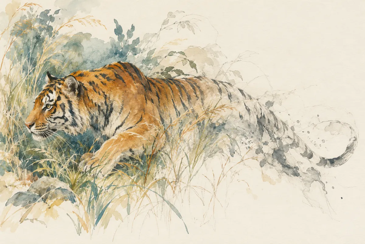 An AI-generated watercolor evokes the thematic world of “Tyger tyger” without reproducing a scarf design.