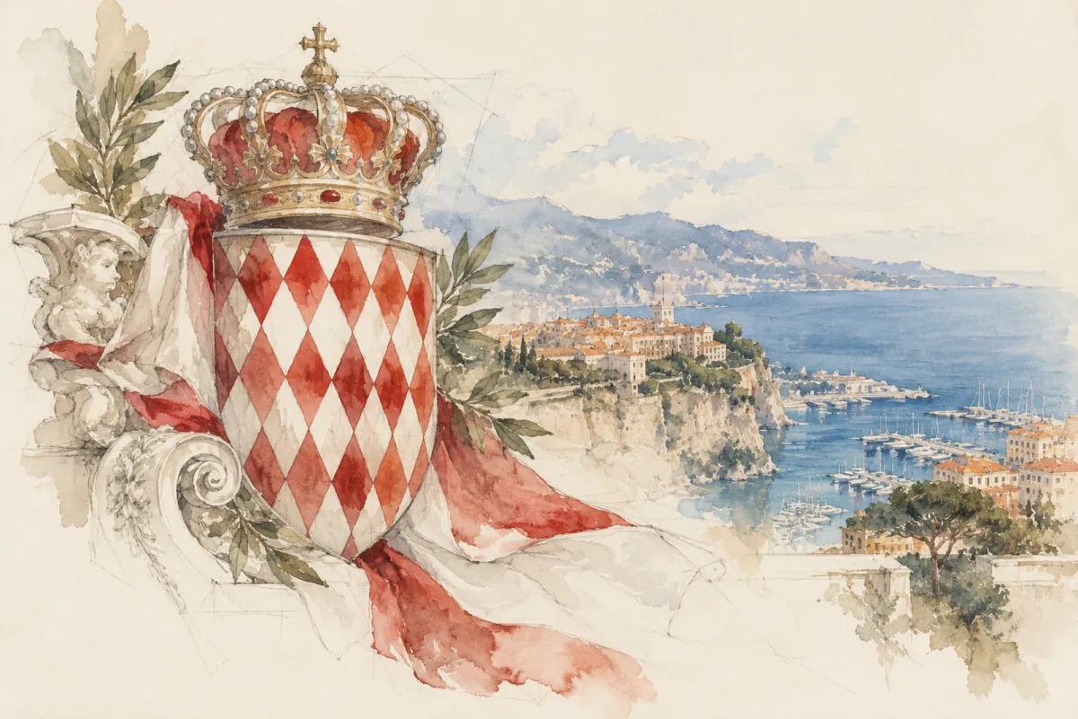 An AI-generated watercolor evokes the thematic world of “Armes de Monaco” without reproducing a scarf design.