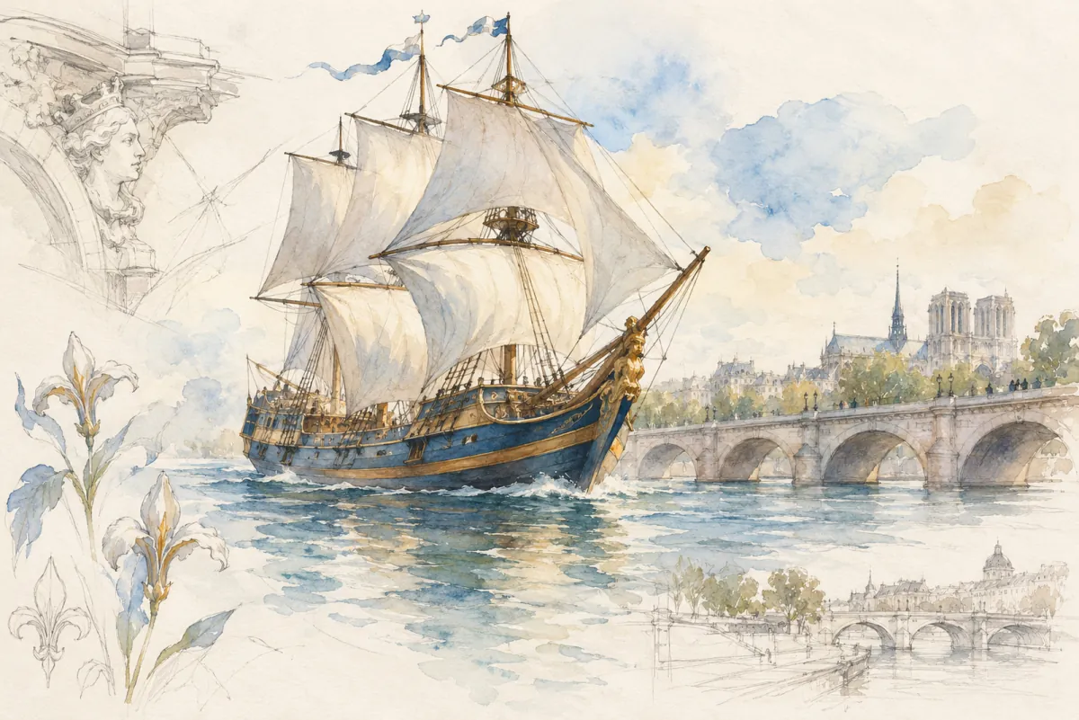 An AI-generated watercolor evokes the thematic world of “Les armes de Paris” without reproducing a scarf design.