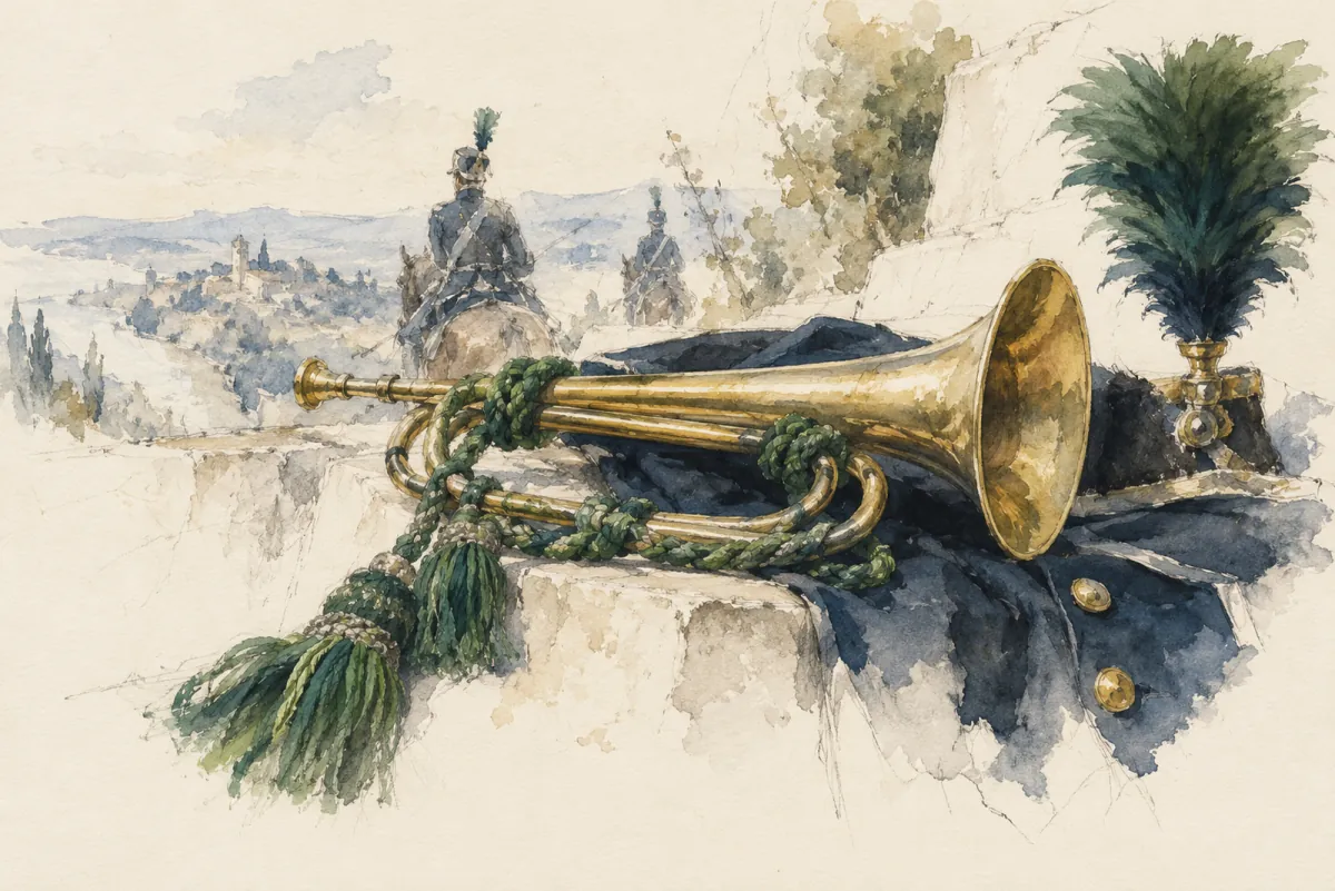 An AI-generated watercolor evokes the thematic world of “À la Gloire des bataillons de chasseurs” without reproducing a scarf design.
