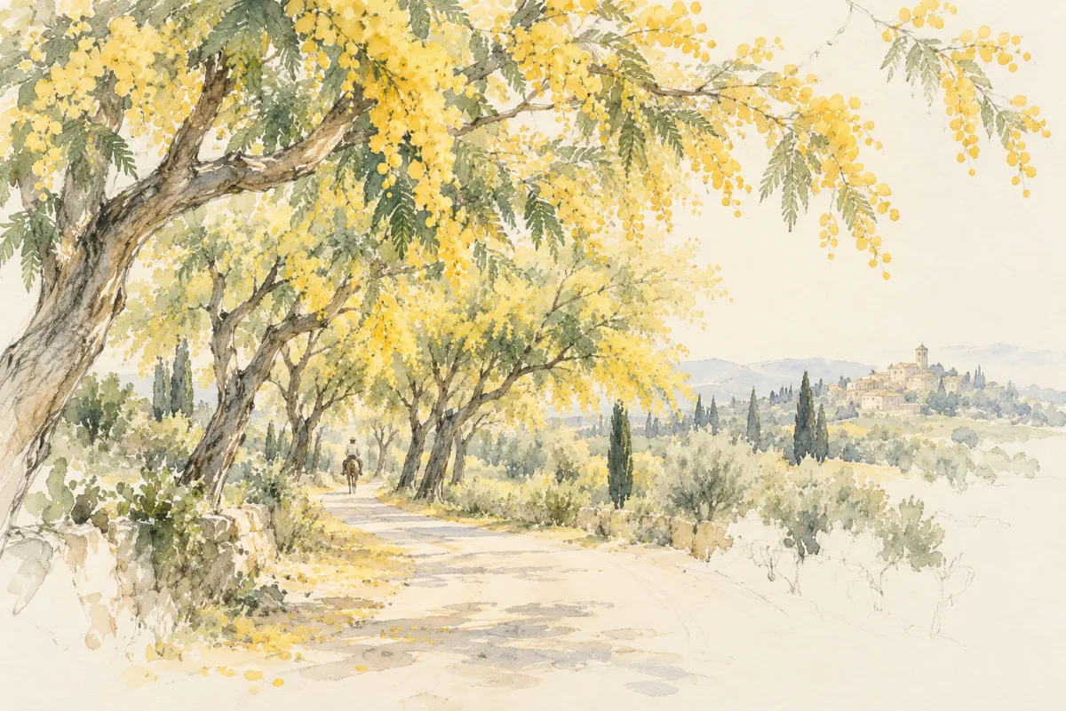 An AI-generated watercolor evokes the thematic world of “Avenue des acacias” without reproducing a scarf design.