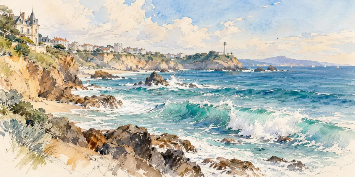 An AI-generated watercolor evokes the thematic world of “Biarritz” without reproducing a scarf design.