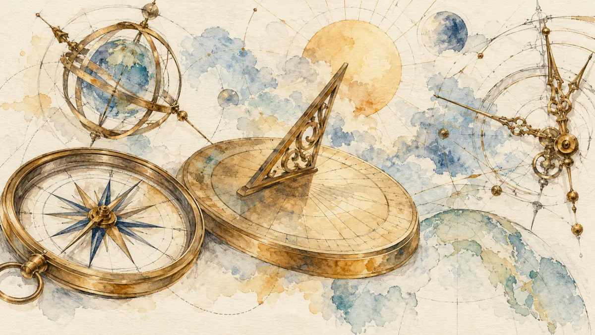 An AI-generated watercolor evokes the thematic world of “Cadrans anciens” without reproducing a scarf design.